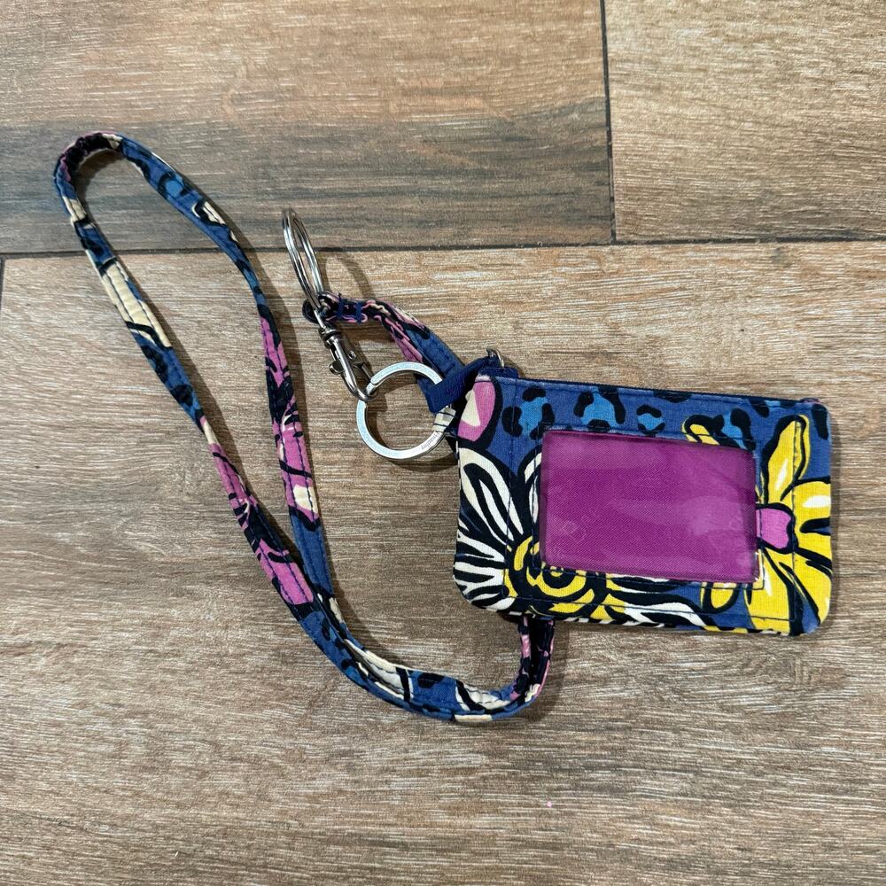 Vera Bradley Zip ID Case Card Mini Wallet Key Chain With Neck Strap